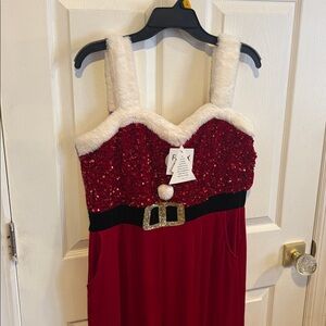 BNWT Christmas Santa Jumpsuit Red Velvet Pants with Faux Fur White Trim Size L